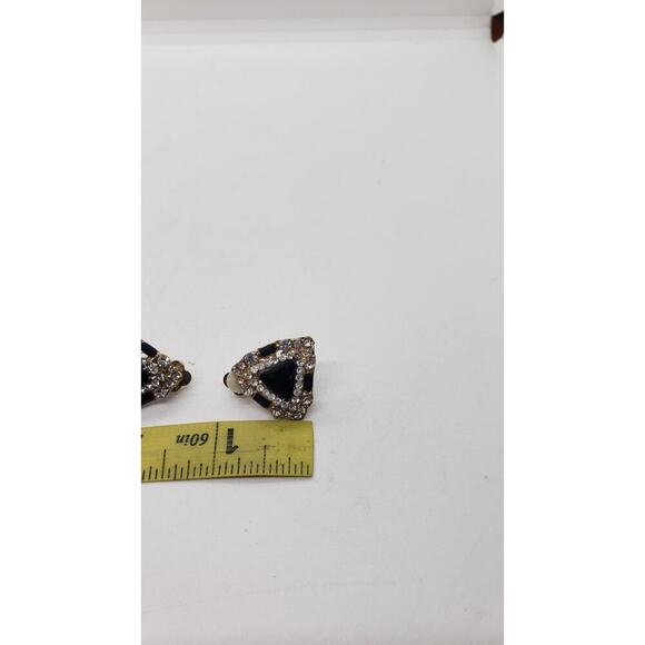 Vintage Earrings Black & Clear Rhinestone Black & White Drama Formal 1950s Clip - Picture 6 of 6